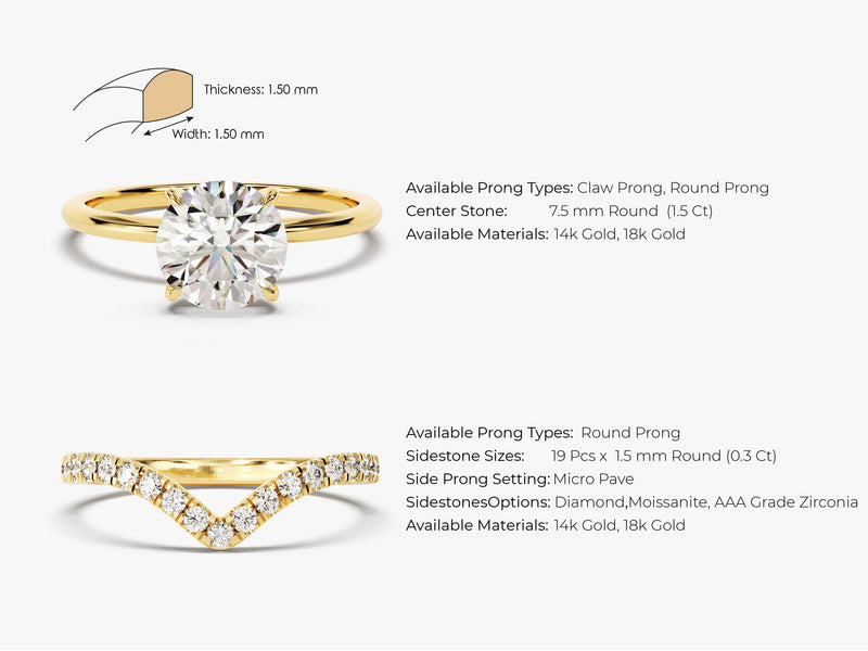 4-Prong Round Lab Grown Diamond Solitaire Bridal Set with Chevron Simulated Diamond Band (1.50 CT)