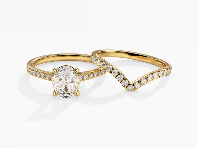 Pave Set Oval Lab Grown Diamond Solitaire Bridal Set with Chevron Lab Grown Diamond Band (1.50 CT)