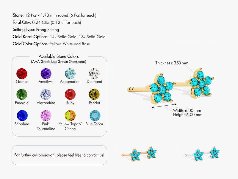 Birthstone Flower Studs in 14k Solid Gold