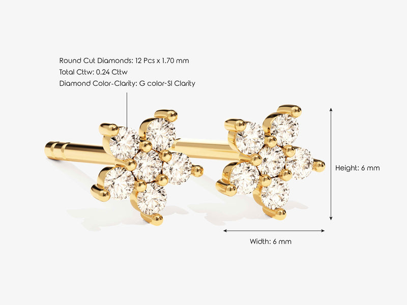 14k Gold, Yellow, White, Rose, 14k Gold Diamond Flower Studs for women with size information