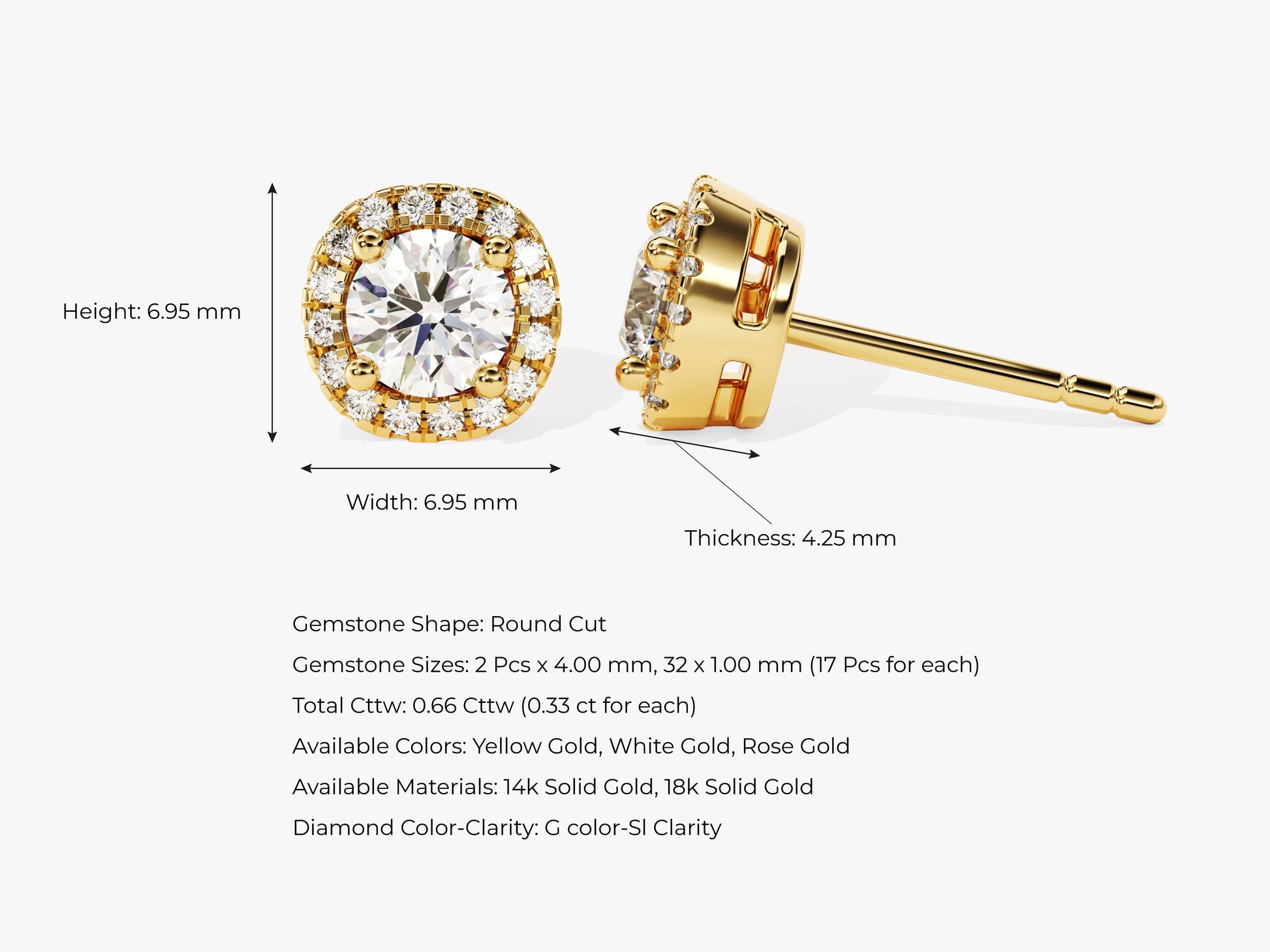 14k Gold Round Halo Moissanite Stud Earrings (0.66 ct tw)