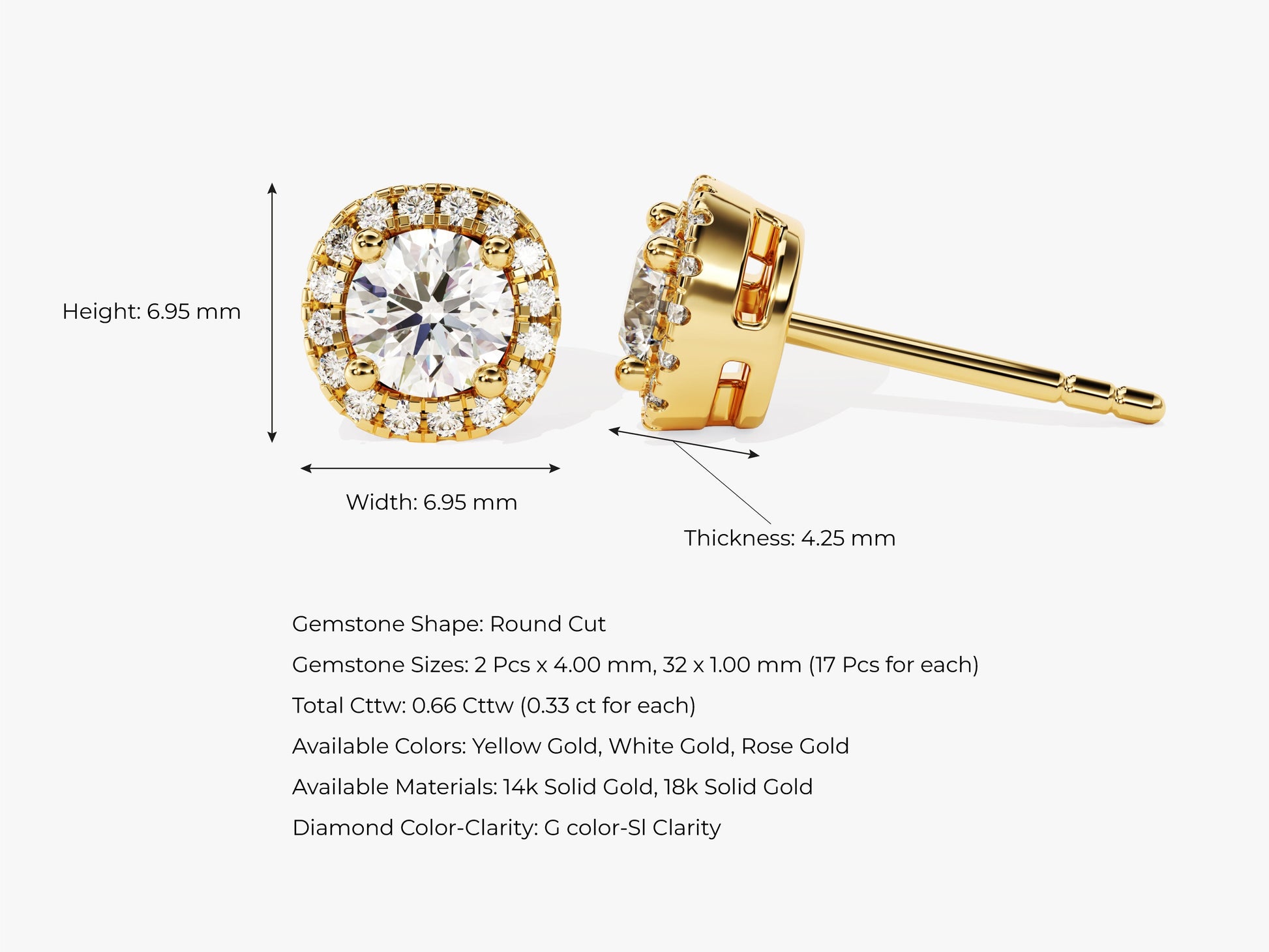 14k Gold Round Halo Lab Grown Diamond Stud Earrings (0.66 ct tw)