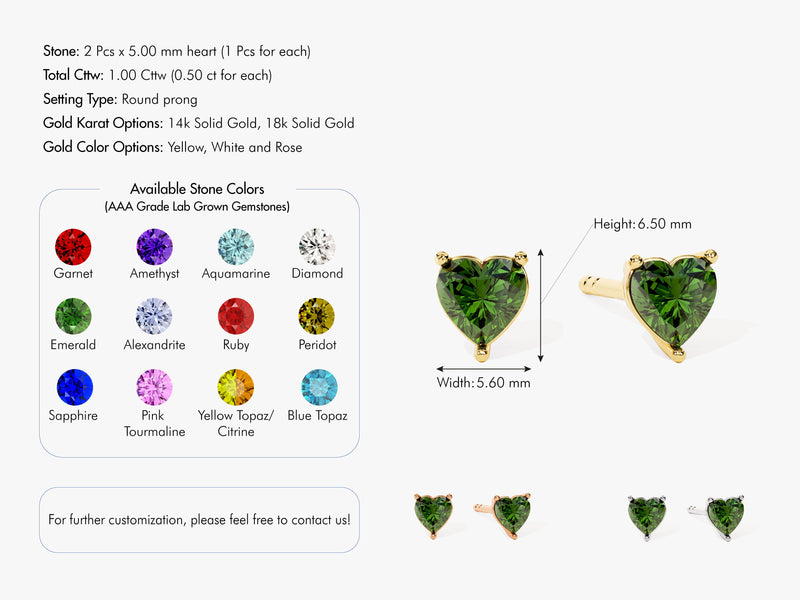 Heart Cut Birthstone Stud Earrings in 14k Solid Gold