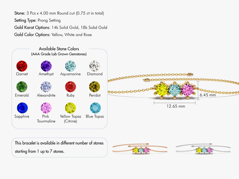 Round-Cut Multi-Stone Birthstone Family Bracelet in 14k Solid Gold