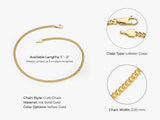 14k Yellow Gold 2.0mm Cuban Curb Chain Bracelet