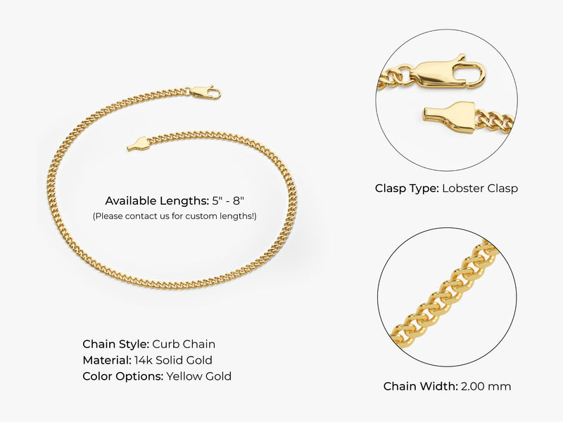 14k Yellow Gold 2.0mm Cuban Curb Chain Bracelet