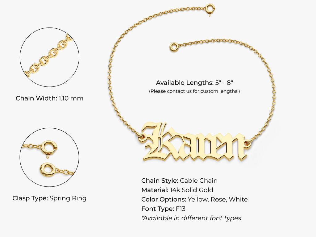 14k Solid Gold Old English Font Name Bracelet