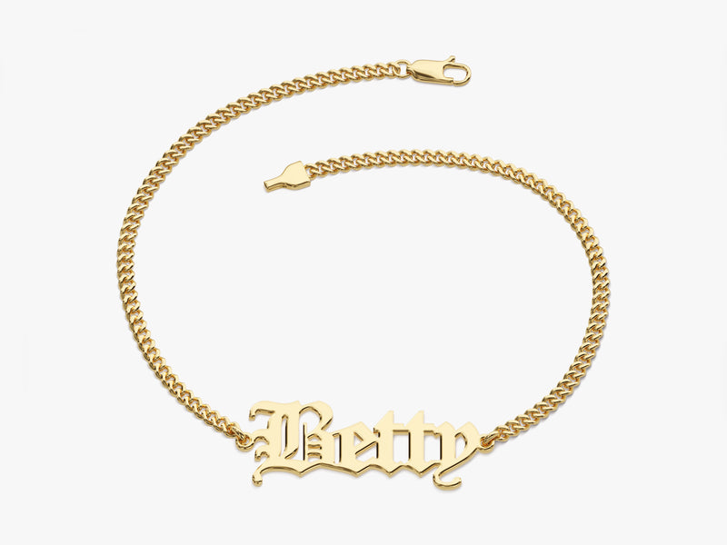 14k Solid Gold Cuban Chain Old English Font Name Bracelet
