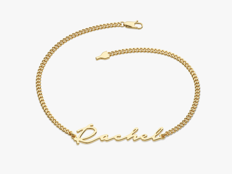 14k Solid Gold Cuban Chain Cursive Name Bracelet