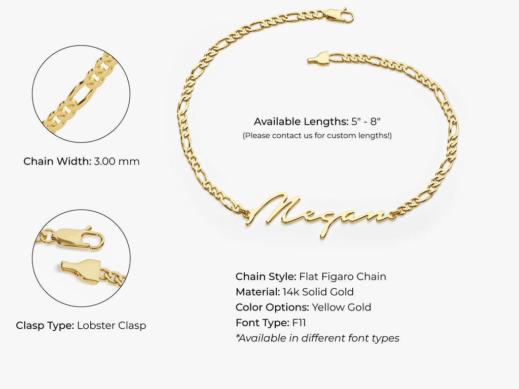 14k Solid Gold Figaro Chain Cursive Font Name Bracelet