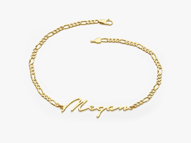 14k Solid Gold Figaro Chain Cursive Font Name Bracelet