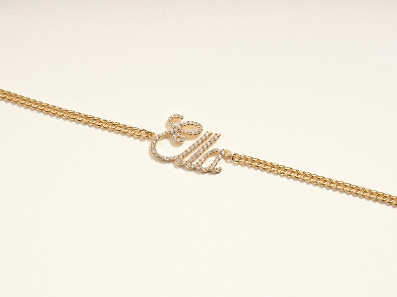 14k Solid Gold Cuban Chain Diamond Name Bracelet