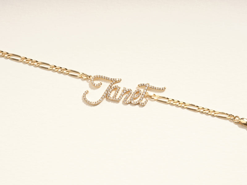 14k Solid Gold Figaro Chain Diamond Name Bracelet