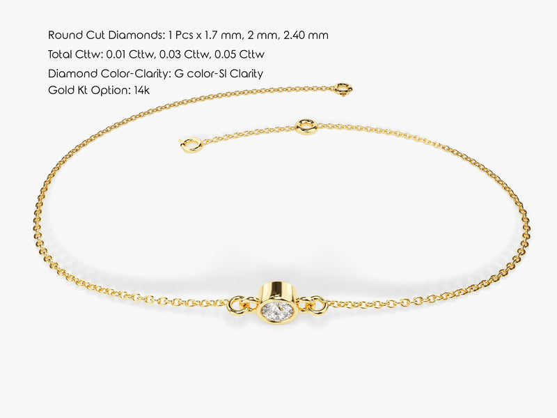 Yellow, White, Rose, 0.02ct, 0.03ct, 0.05ct, 0.10ct, 14k Gold Bezel Set Diamond Bracelet with Size Information
