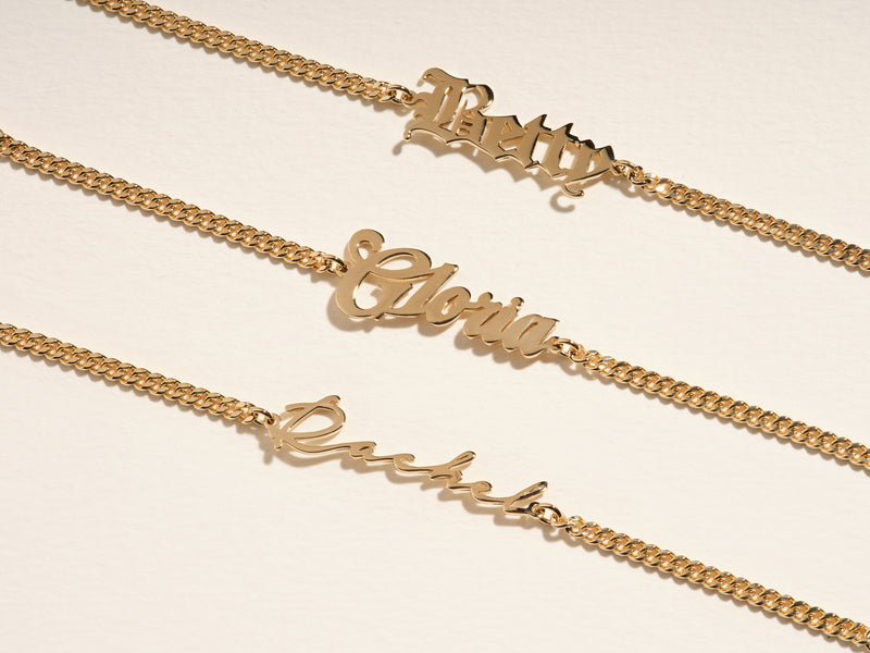 14k Solid Gold Cuban Chain Cursive Name Bracelet