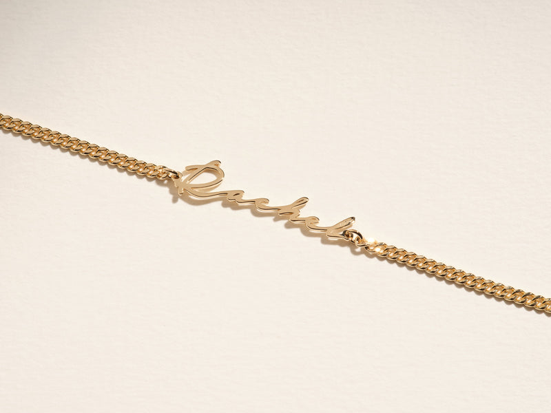 14k Solid Gold Cuban Chain Cursive Name Bracelet