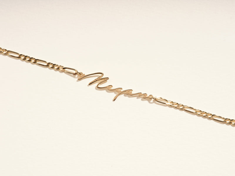 14k Solid Gold Figaro Chain Cursive Font Name Bracelet