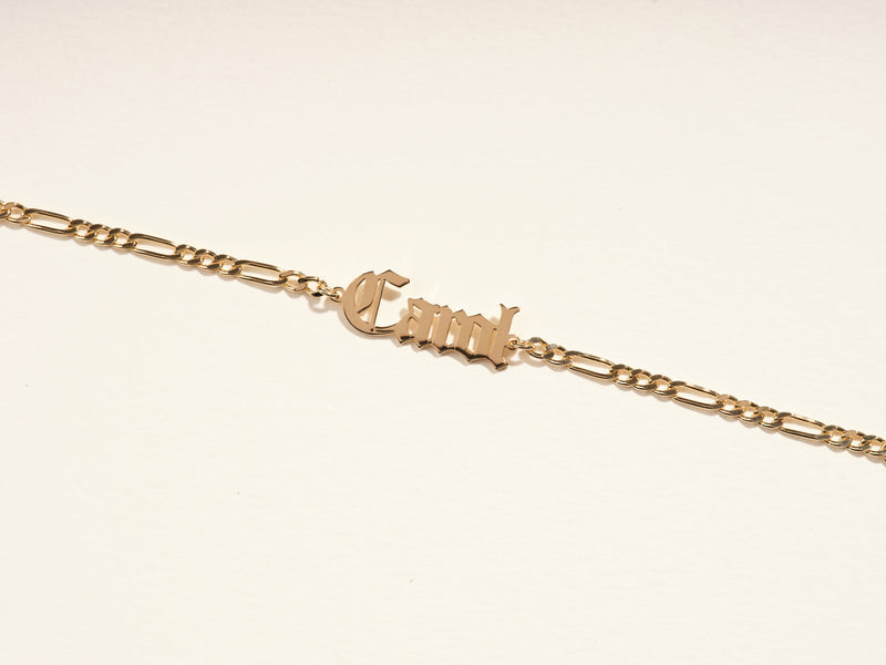 14k Solid Gold Figaro Old English Font Name Bracelet