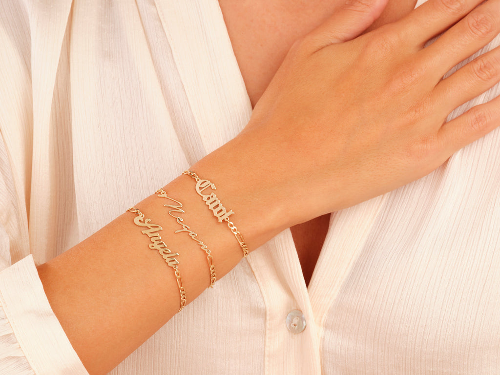 14k Solid Gold Figaro Chain Cursive Font Name Bracelet
