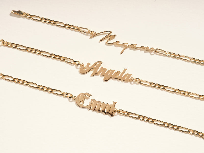 14k Solid Gold Figaro Chain Cursive Font Name Bracelet