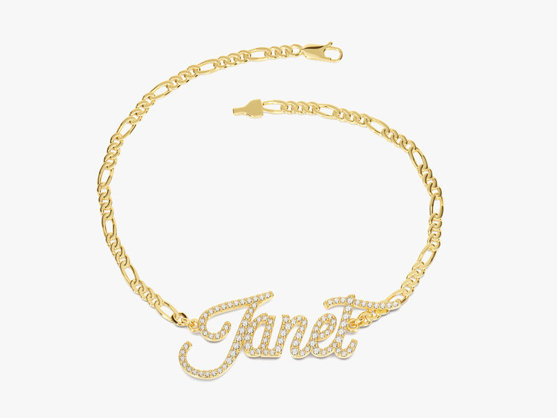 14k Solid Gold Figaro Chain Diamond Name Bracelet