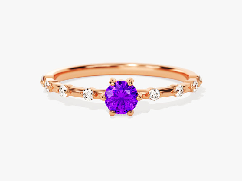 Round-Cut Side Stone Accent Birthstone Ring in 14k Solid Gold