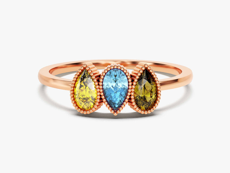 Milgrain Accent Pear-Cut Multi Stone Birthstone Ring in 14k Solid Gold