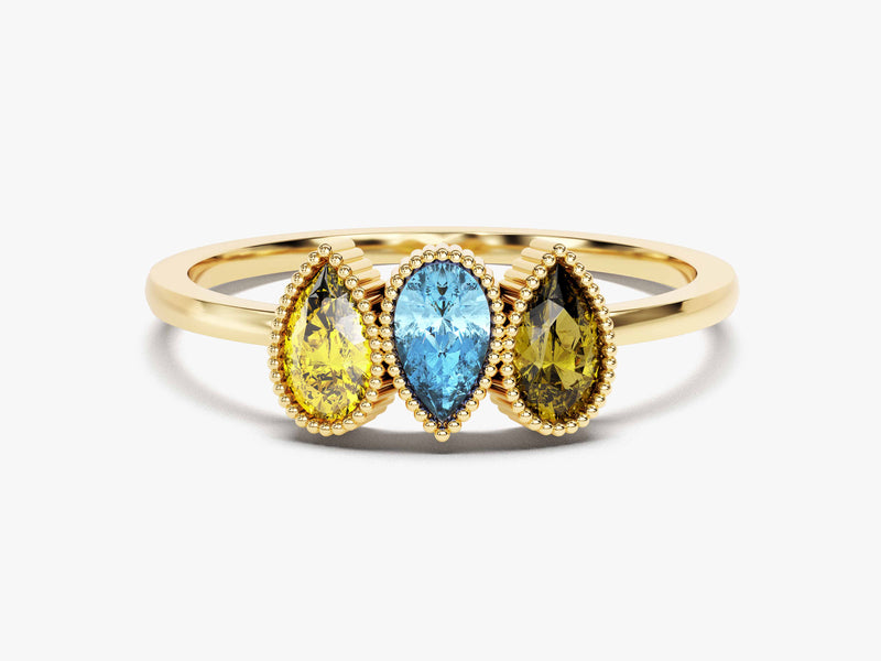 Milgrain Accent Pear-Cut Multi Stone Birthstone Ring in 14k Solid Gold