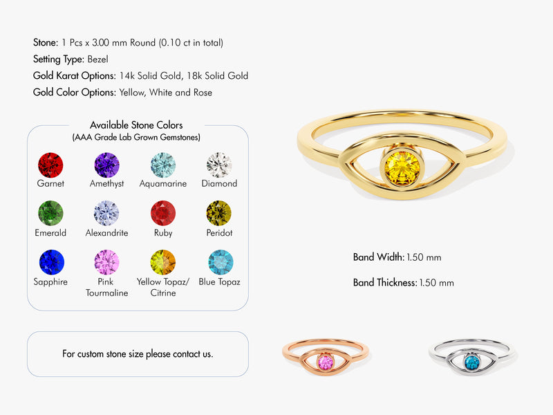 Bezel Evil Eye Birthstone Ring in 14k Solid Gold