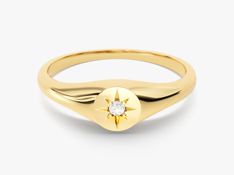 14k Solid Gold Diamond Star Signet Ring