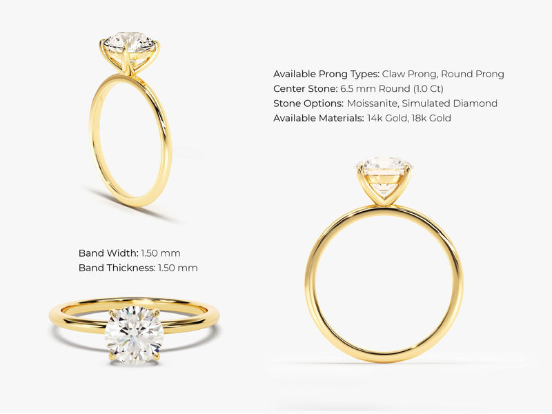 14k Gold, 18k Gold, Yellow, White, Rose, Solitaire Round Cut 1 carat Moissanite Engagement Ring with size and available options info