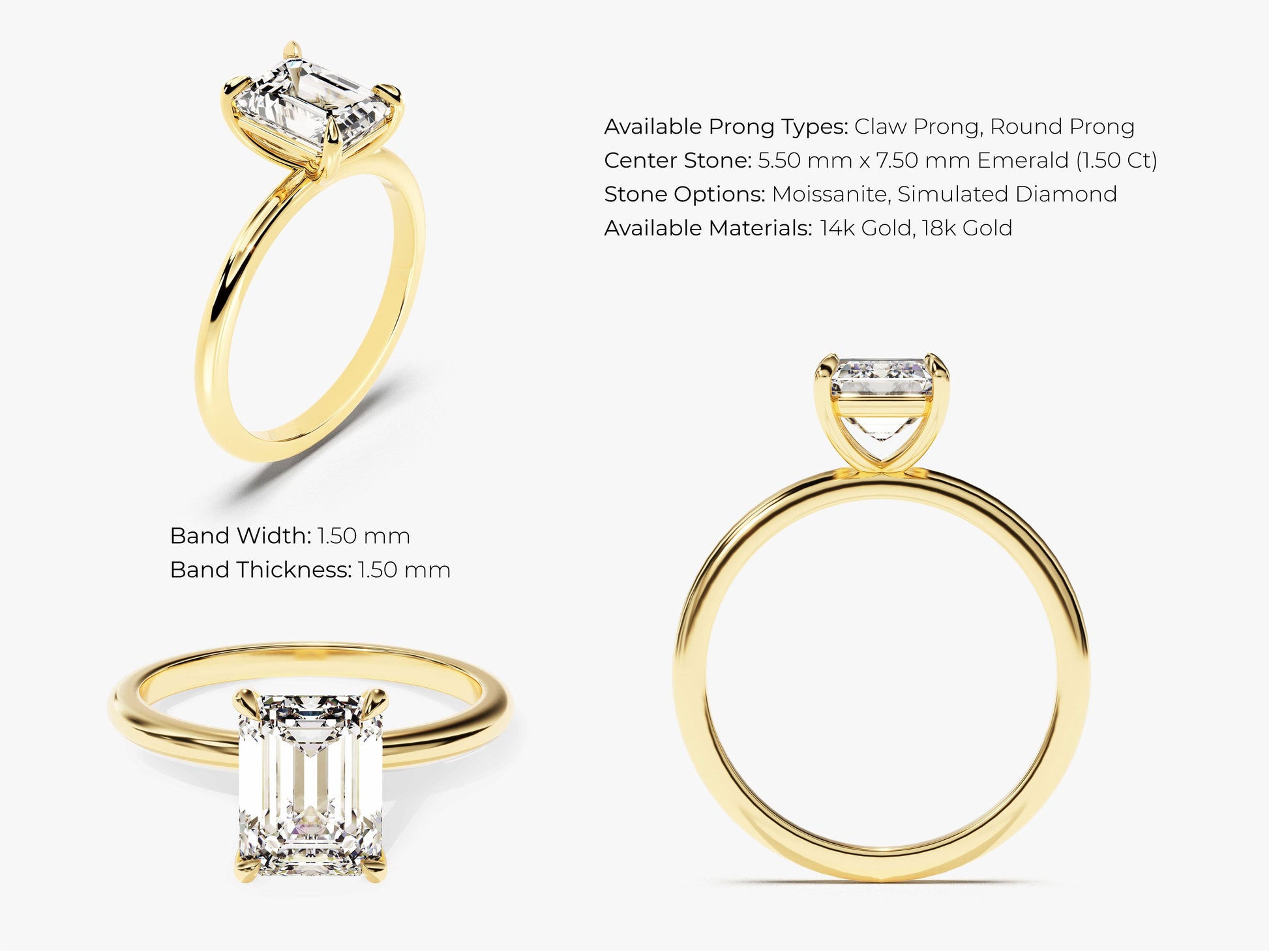 Emerald Cut Solitaire Moissanite Engagement Ring (1.50 CT)
