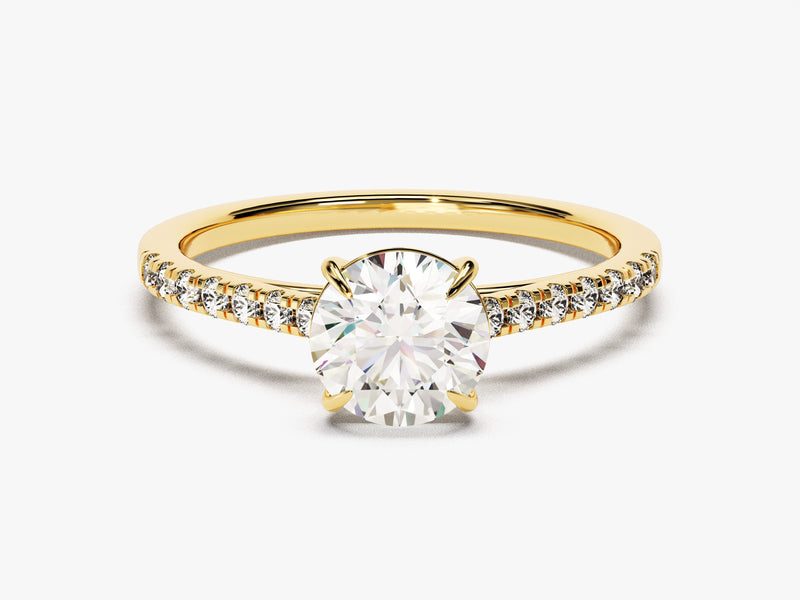 14k Gold, 18k Gold, Yellow, White, Rose, Yellow Gold 1 Carat Cathedral Round Cut Moissanite Engagement Ring with Pave Set Sidestones