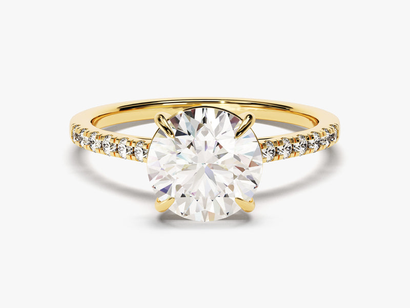 14k Gold, 18k Gold, Yellow, White, Rose, Yellow Gold 2 Carat Cathedral Round Cut Moissanite Engagement Ring with Pave Set Sidestones