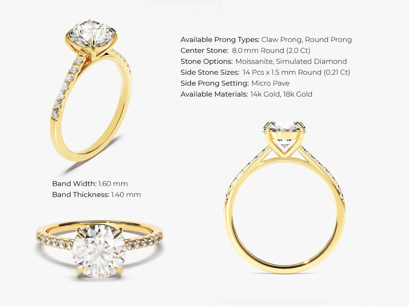 14k Gold, 18k Gold, Yellow, White, Rose, 2 Carat Cathedral Round Cut Moissanite Engagement Ring with Pave Set Sidestones with size and available options info