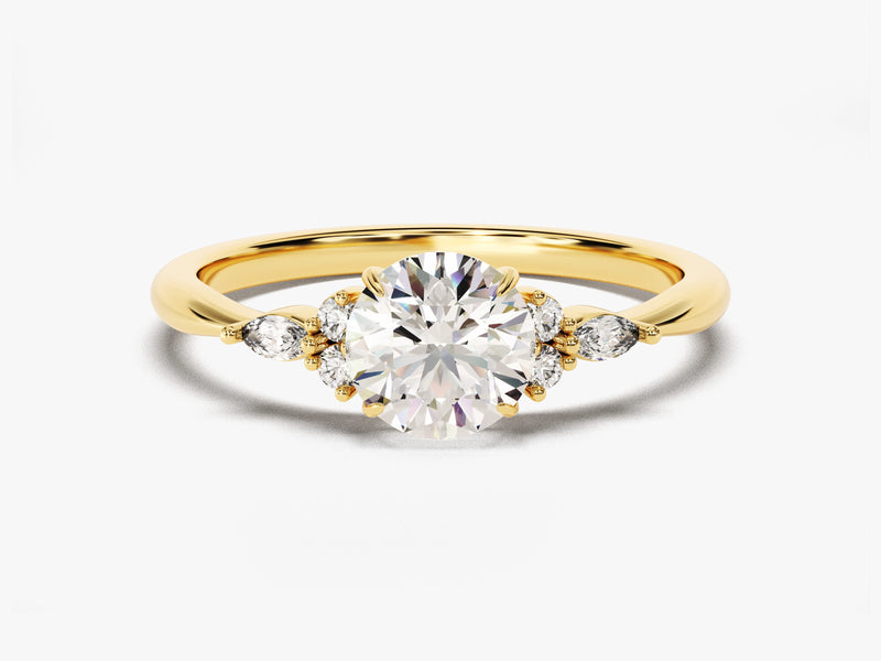 14k Gold, 18k Gold, Yellow, White, Rose, Yellow Gold 1 Carat Cluster Accent Round Cut Moissanite Engagement Ring