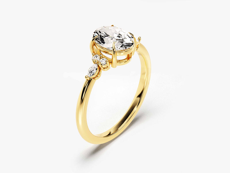 14k Gold, 18k Gold, Yellow, White, Rose, Yellow Gold 1.5 Carat Cluster Accent Round Cut Moissanite Engagement Ring Cross View