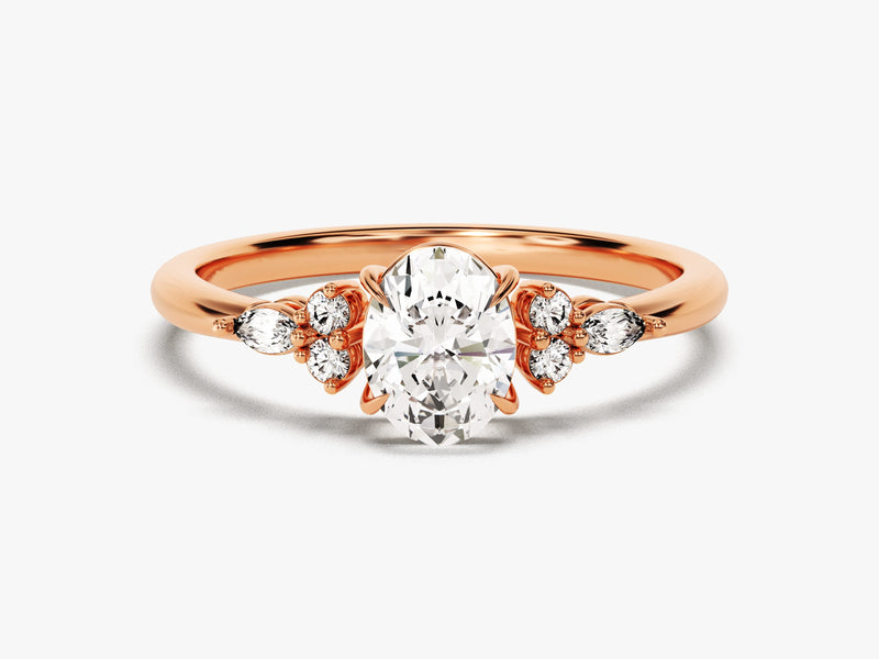 14k Gold, 18k Gold, Yellow, White, Rose, Rose Gold 1 Carat Cluster Accent Oval Cut Moissanite Engagement Ring