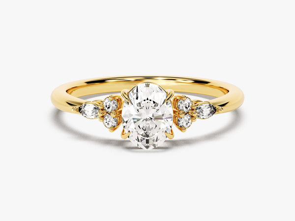 14k Gold, 18k Gold, Yellow, White, Rose, Yellow Gold 1 Carat Cluster Accent Oval Cut Moissanite Engagement Ring