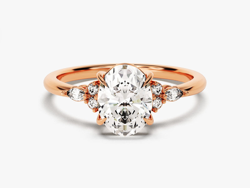 14k Gold, 18k Gold, Yellow, White, Rose, Rose Gold 2 Carat Cluster Accent Oval Cut Moissanite Engagement Ring