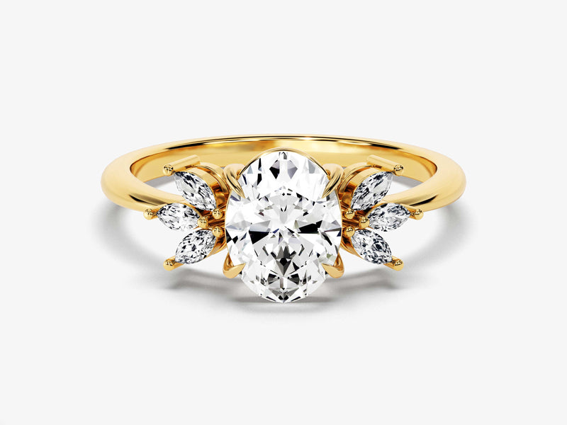 14k Gold, 18k Gold, Yellow, White, Rose, Yellow Gold 1.5 Carat Marquise Cluster Accent Oval Cut Moissanite Engagement Ring