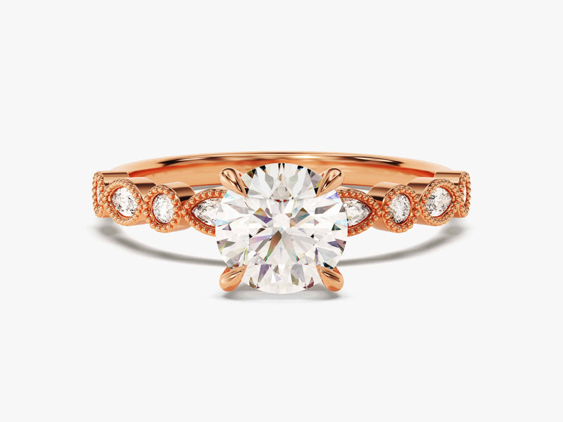 Milgrain Marquise and Round Sidestone Lab Grown Diamond Engagement Ring (1.00 CT)