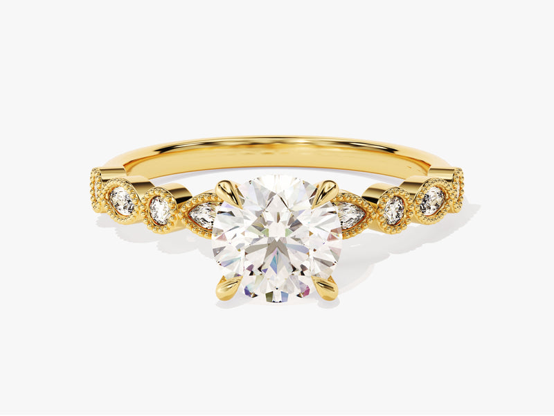 Milgrain Marquise and Round Sidestone Moissanite Engagement Ring (1.00 CT)