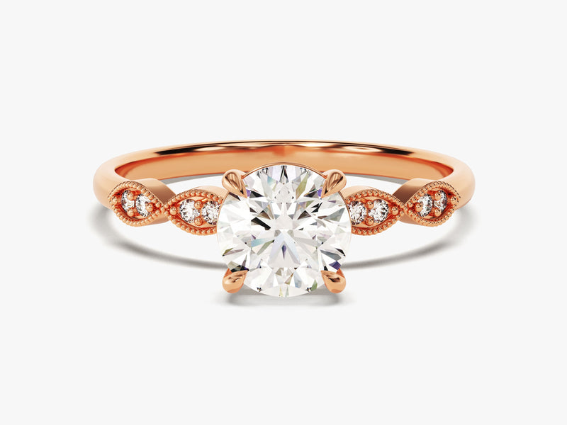 Round Cut Lab Grown Diamond Engagement Ring with Milgrain Accented Double Round Sidestones (1.00 CT)