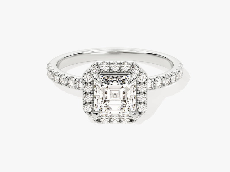 Asscher Halo Moissanite Engagement Ring with Pave Set Side Stones (1.00 CT)