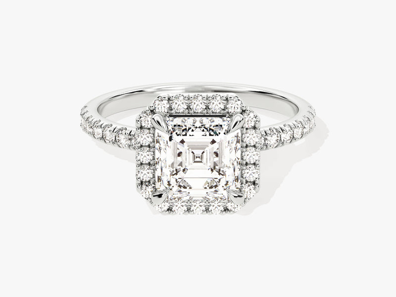 Asscher Halo Moissanite Engagement Ring with Pave Set Side Stones (1.50 CT)