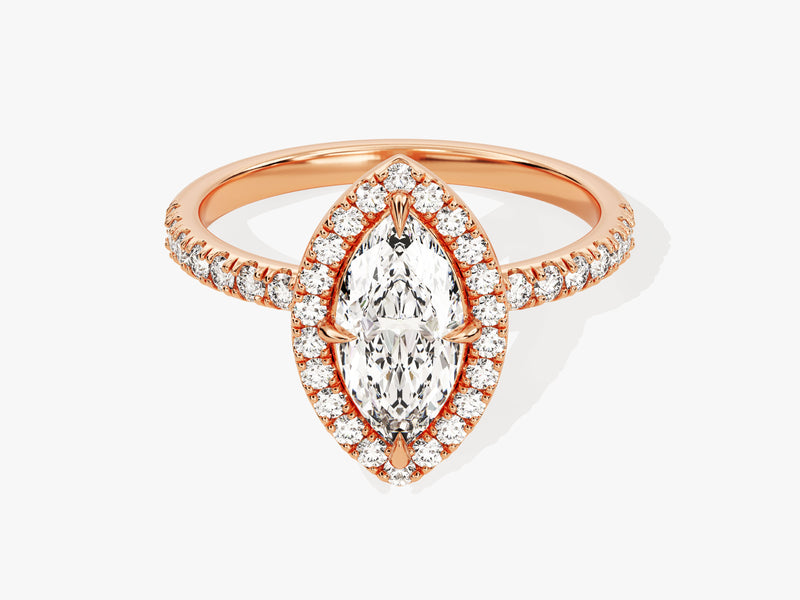 Marquise Halo Moissanite Engagement Ring with Pave Set Side Stones (1.00 CT)