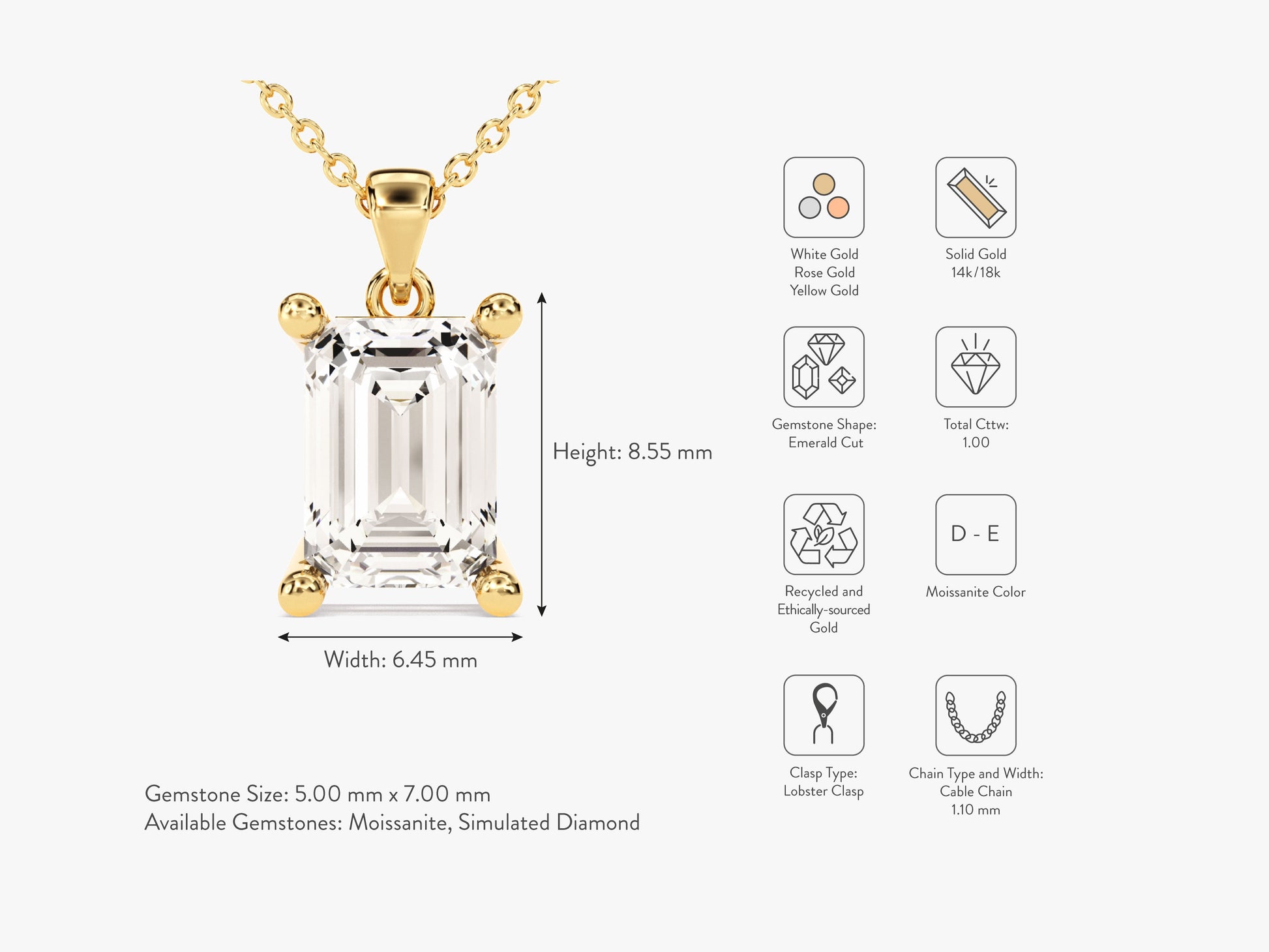Emerald Cut Moissanite Solitaire Pendant (1.00 CT)