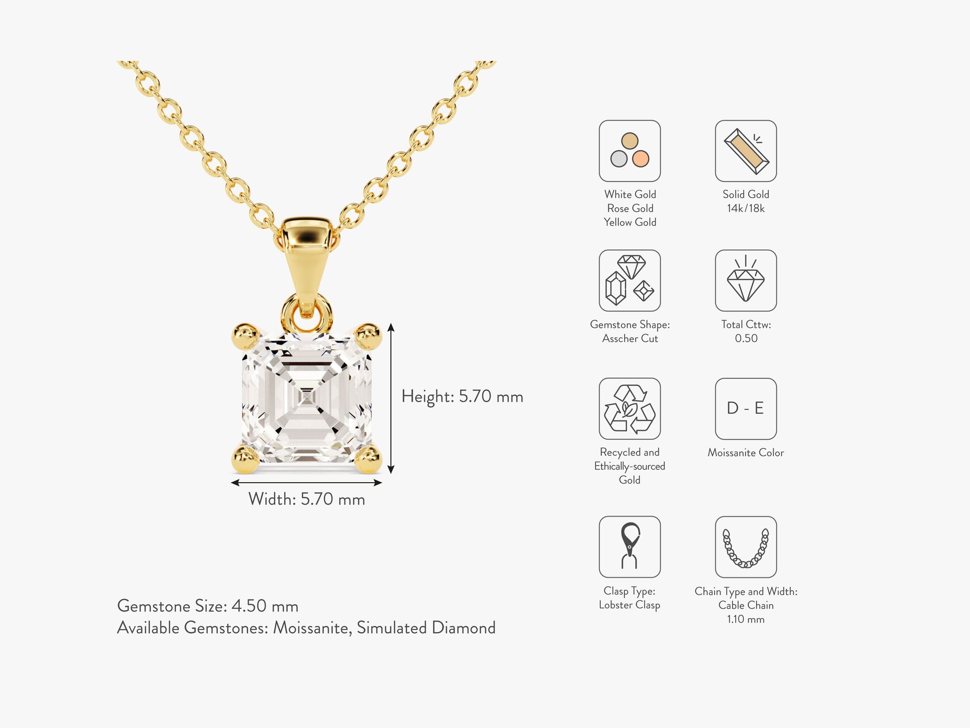 Asscher Cut Lab Grown Diamond Solitaire Pendant (0.50 CT)