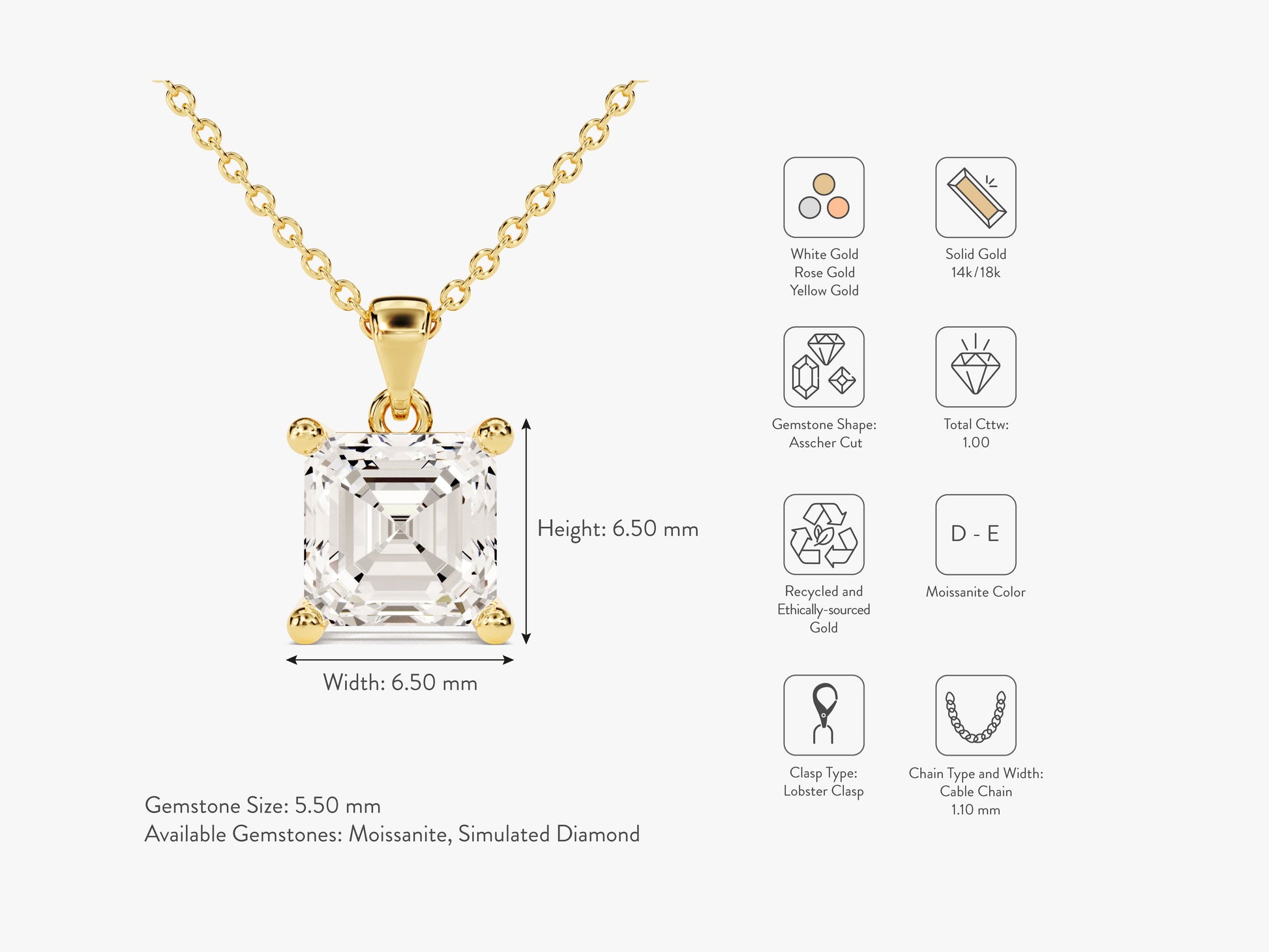 Asscher Cut Lab Grown Diamond Solitaire Pendant (1.00 CT)